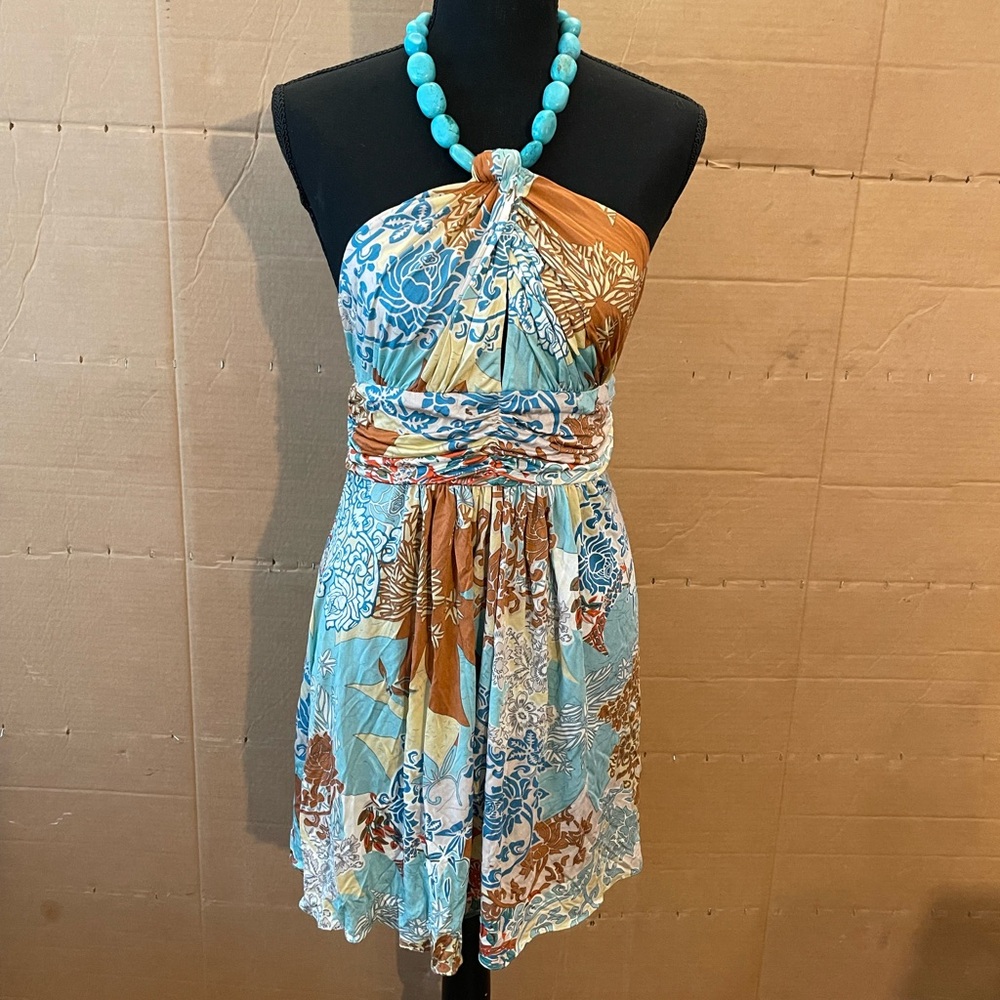 Sky Blue and Brown Pleated Tie Front Halter Tank Top